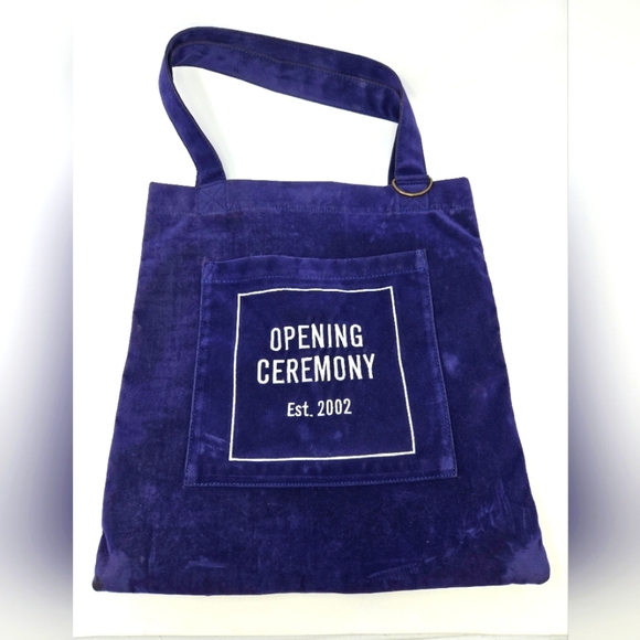 OPENING CEREMONY ROYAL BLUE POLYESTER VELVET TOTE BAG WHITE EMBROIDERY WOMEN OS - Picture 1 of 16